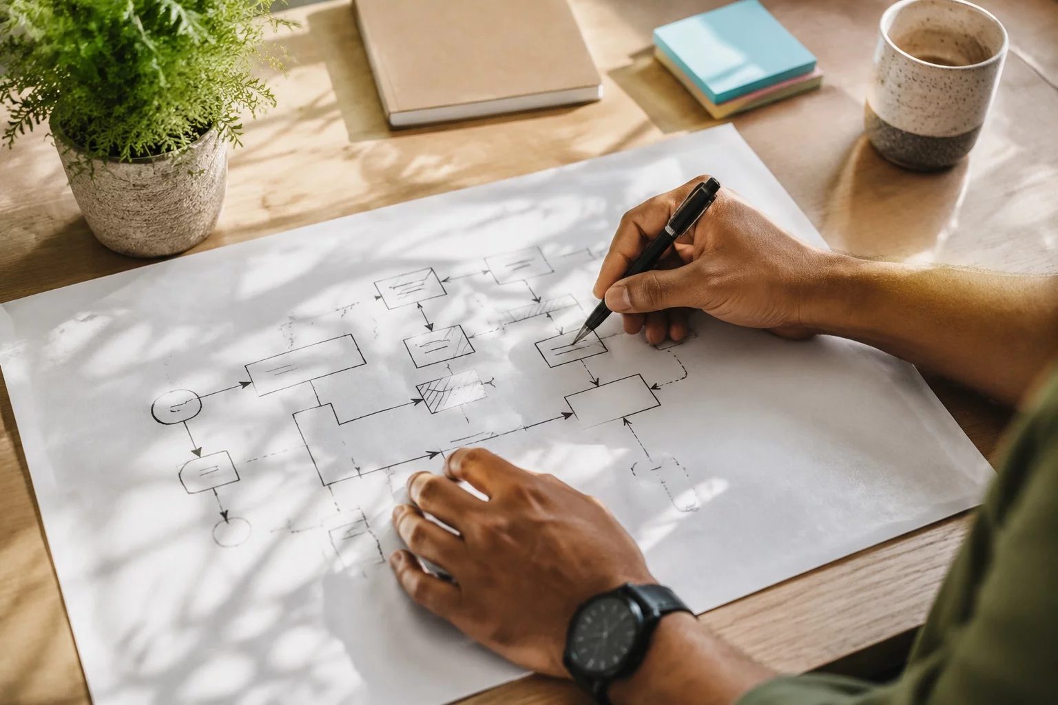 Vista de cima de uma mesa com um diagrama de lógica desenhado à mão