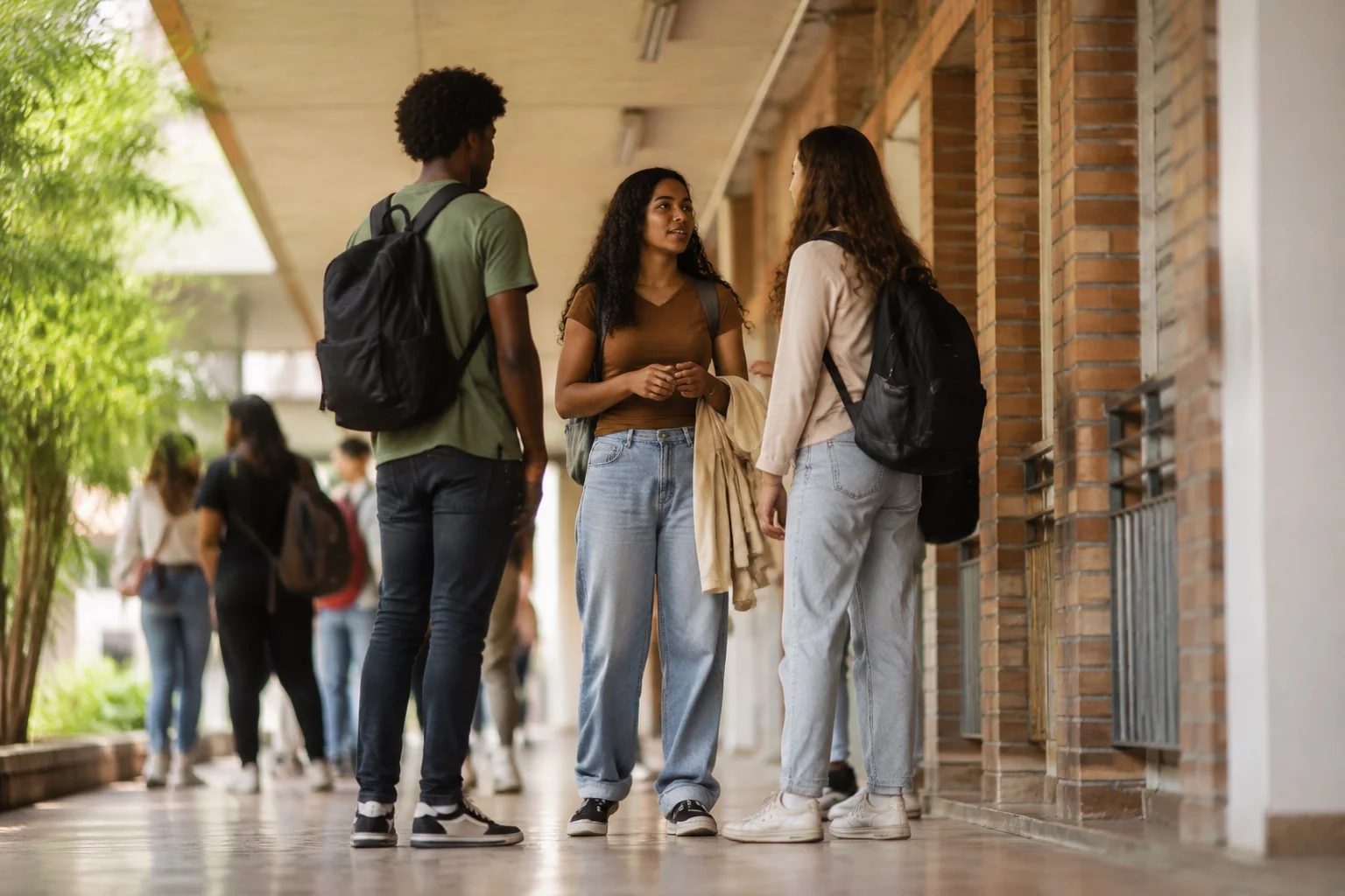 Estudantes com mochilas conversando no corredor de uma universidade
