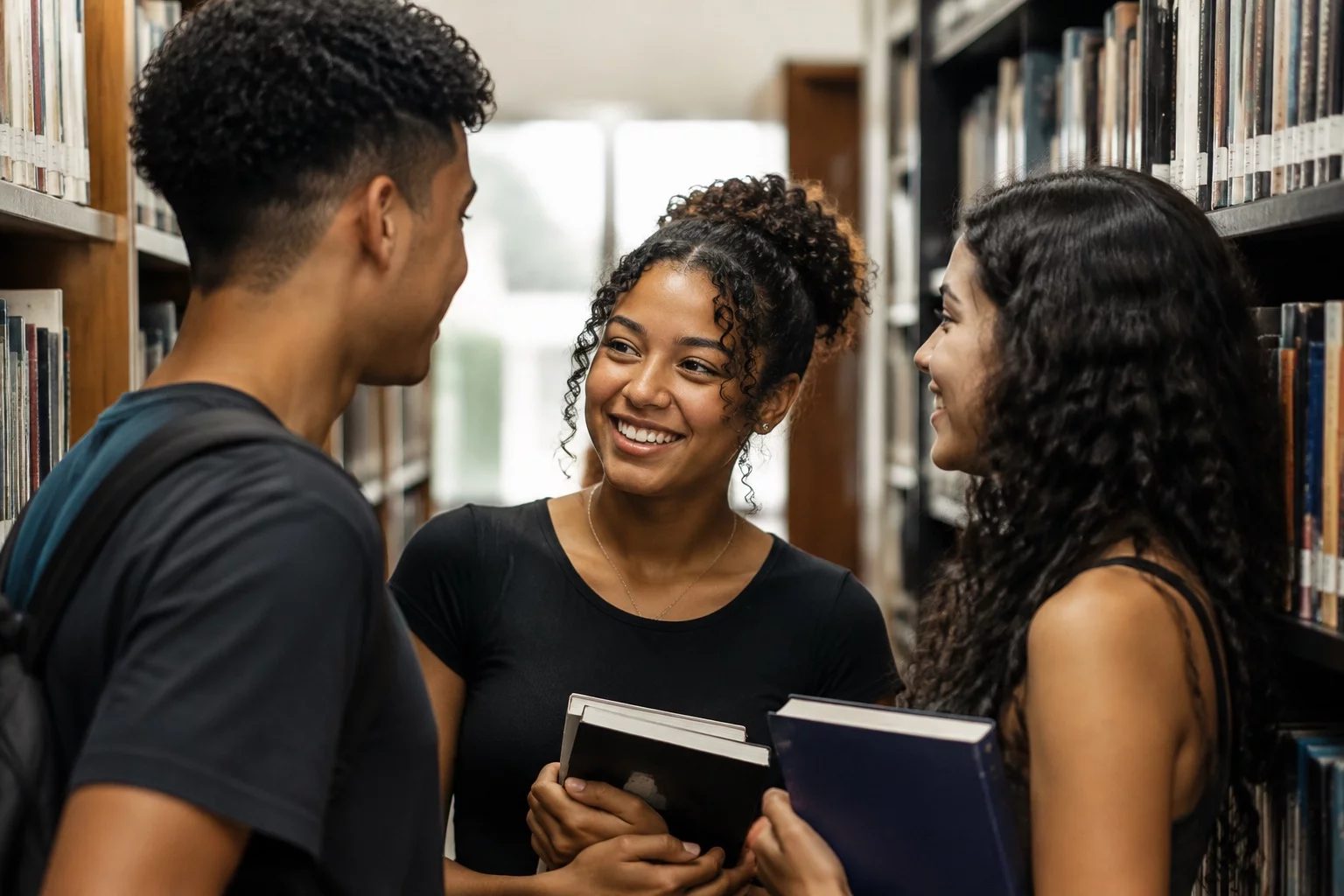 Estudantes conversando em pé entre as estantes de uma biblioteca