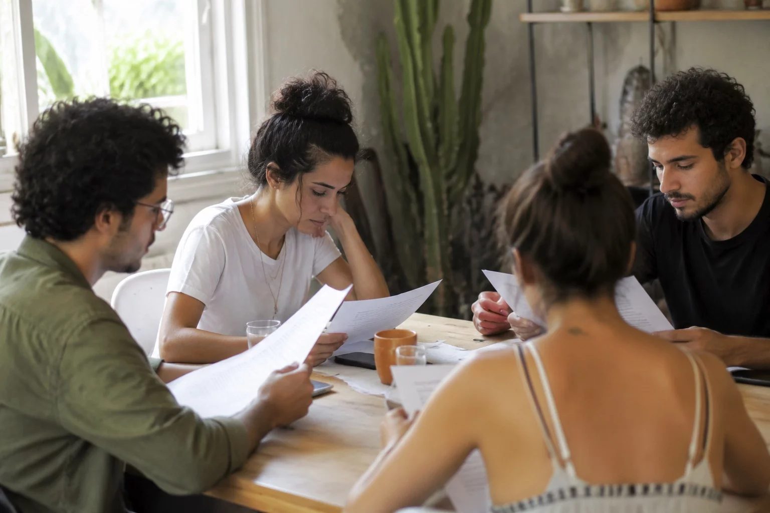 Grupo pequeno lendo páginas impressas de argumentos ao redor de uma mesa