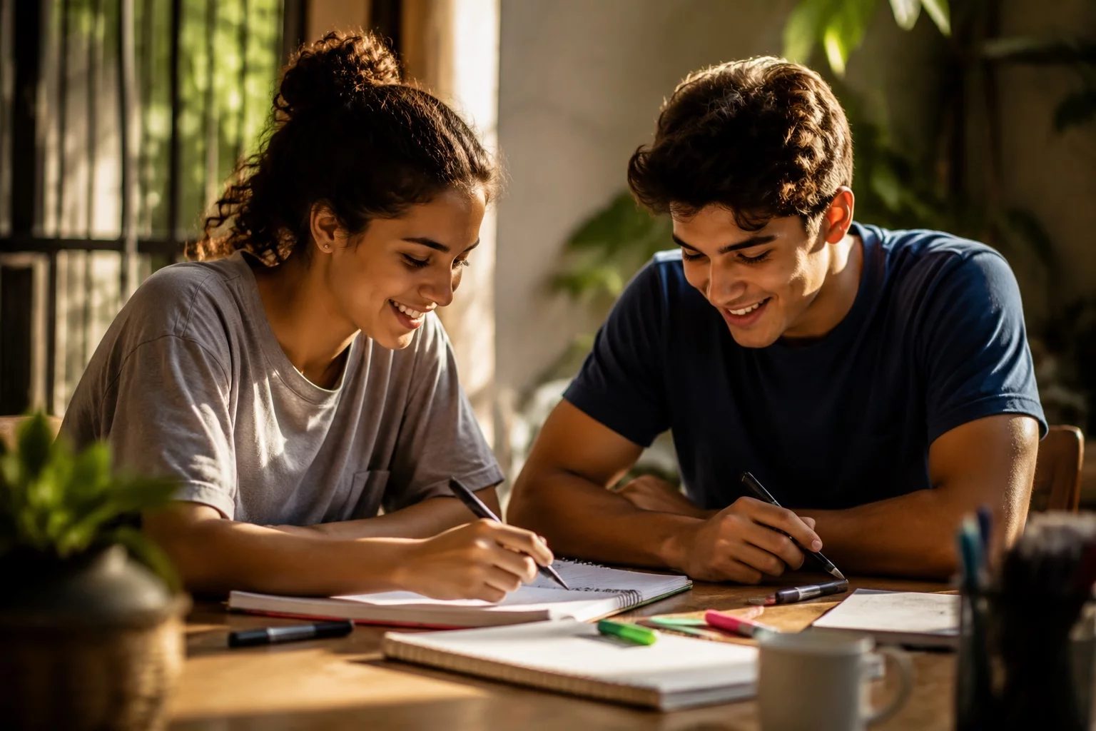 Dois estudantes preparando um debate com cadernos e marcadores