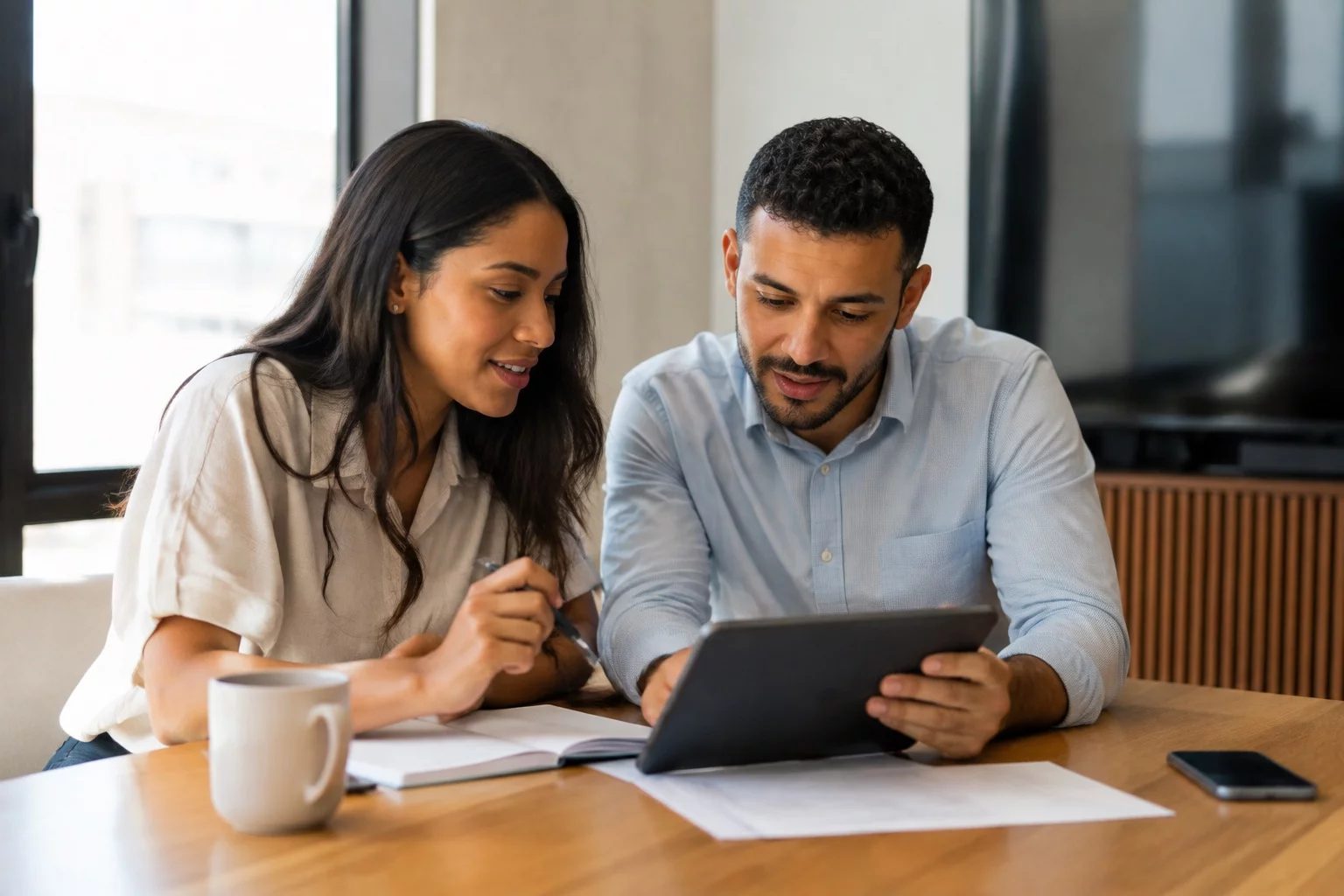 Duas pessoas revisando anotações em um tablet sobre uma mesa de madeira