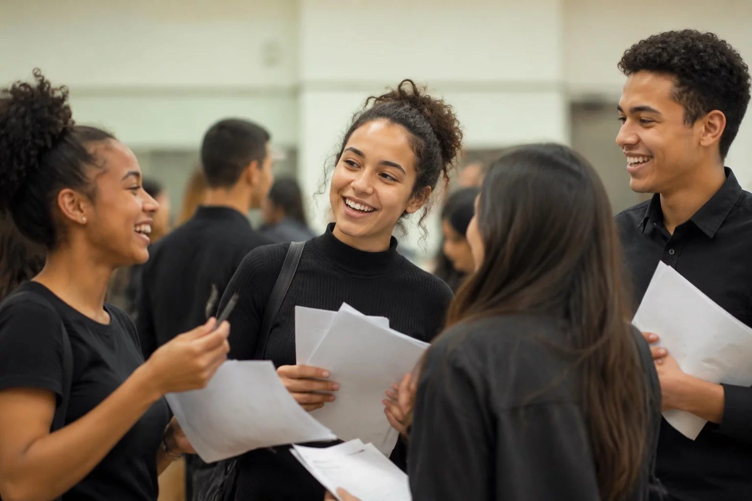 Grupo sorrindo após uma rodada de debate, com papéis nas mãos